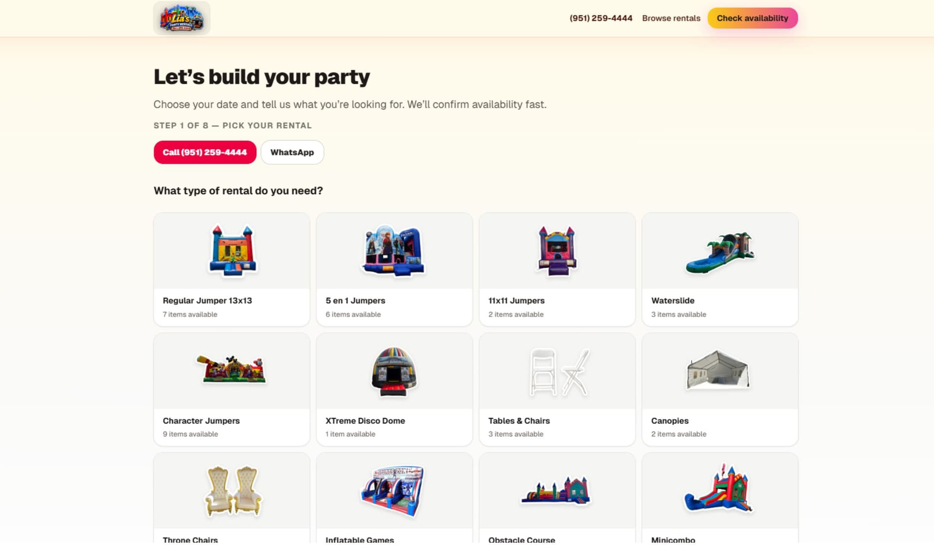 Guided booking experience with category selection and progress steps