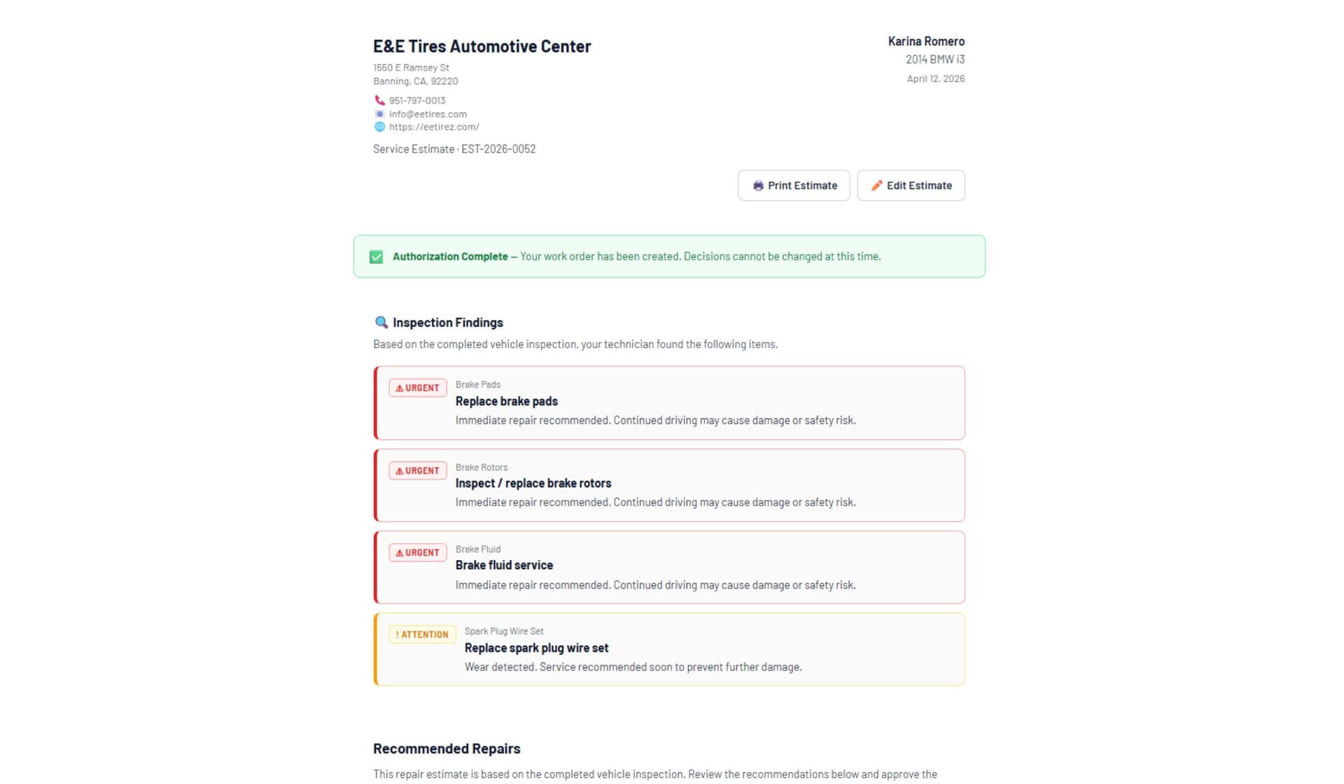 Service estimate and approval view