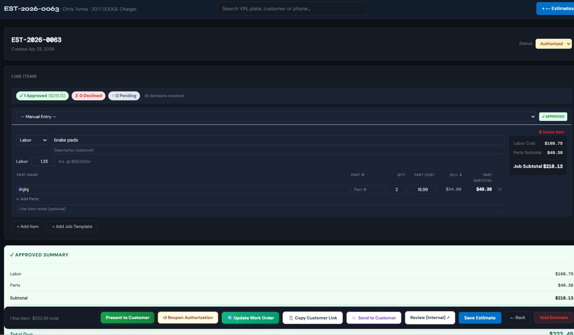 Service workspace with rebooking and job totals