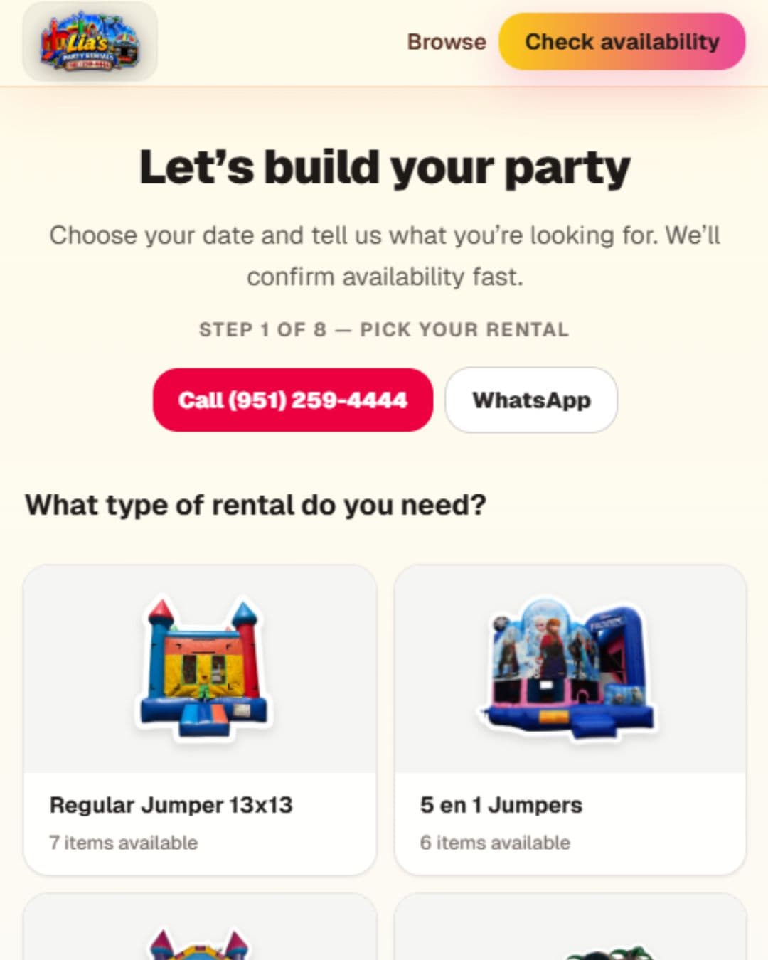 Party rental booking and catalog website preview