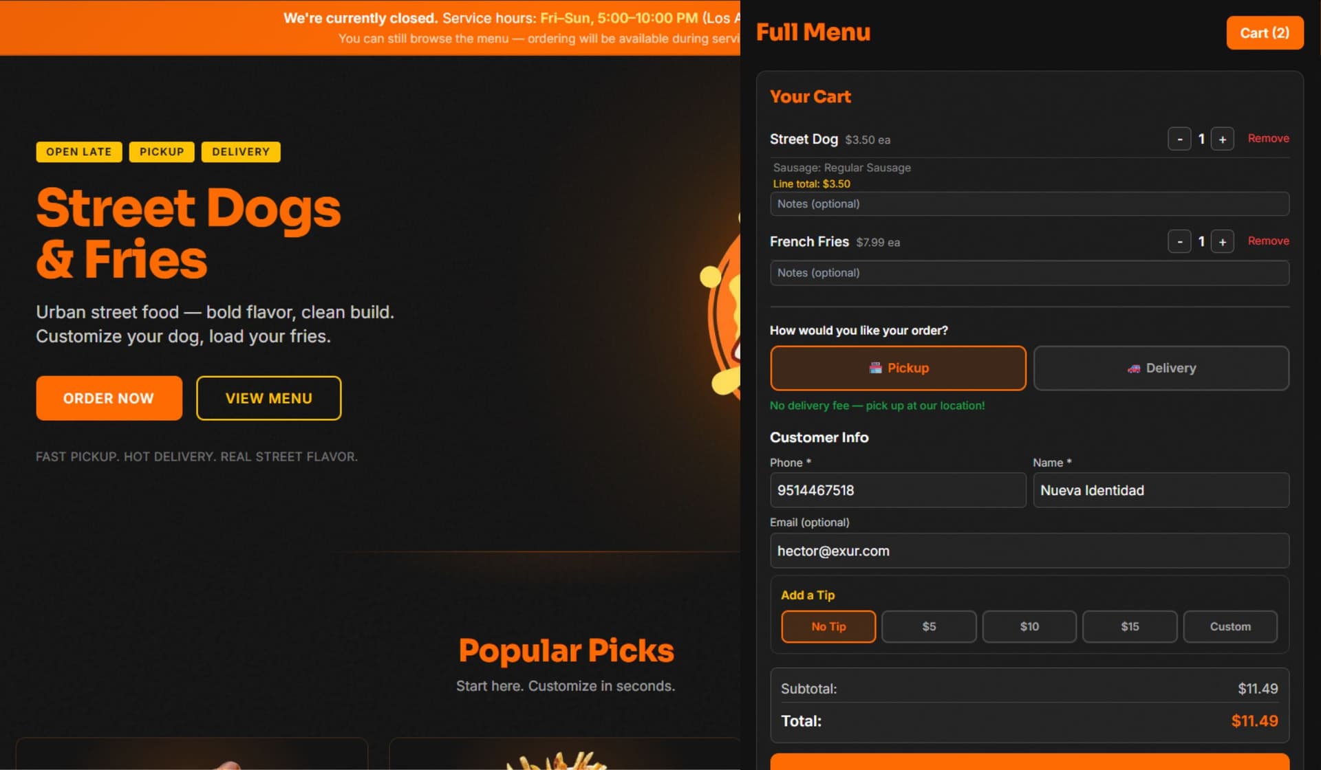 Street food restaurant online ordering website preview